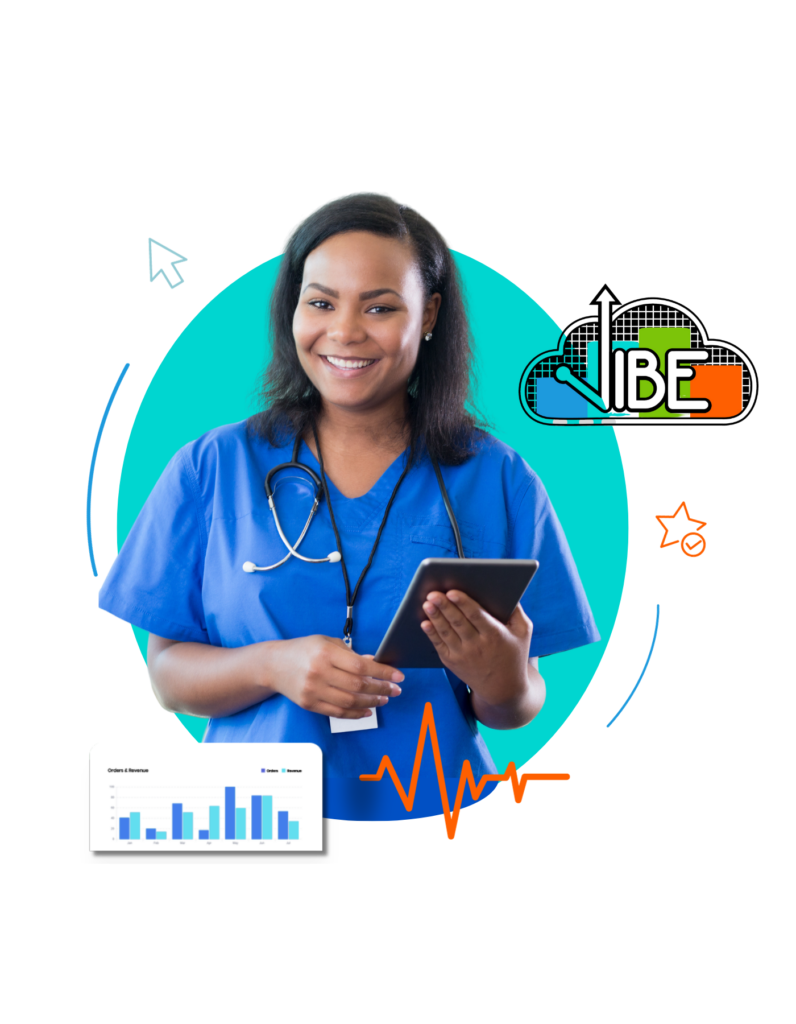 Nurse with iPad, VIBE logo | The Blue Purpose